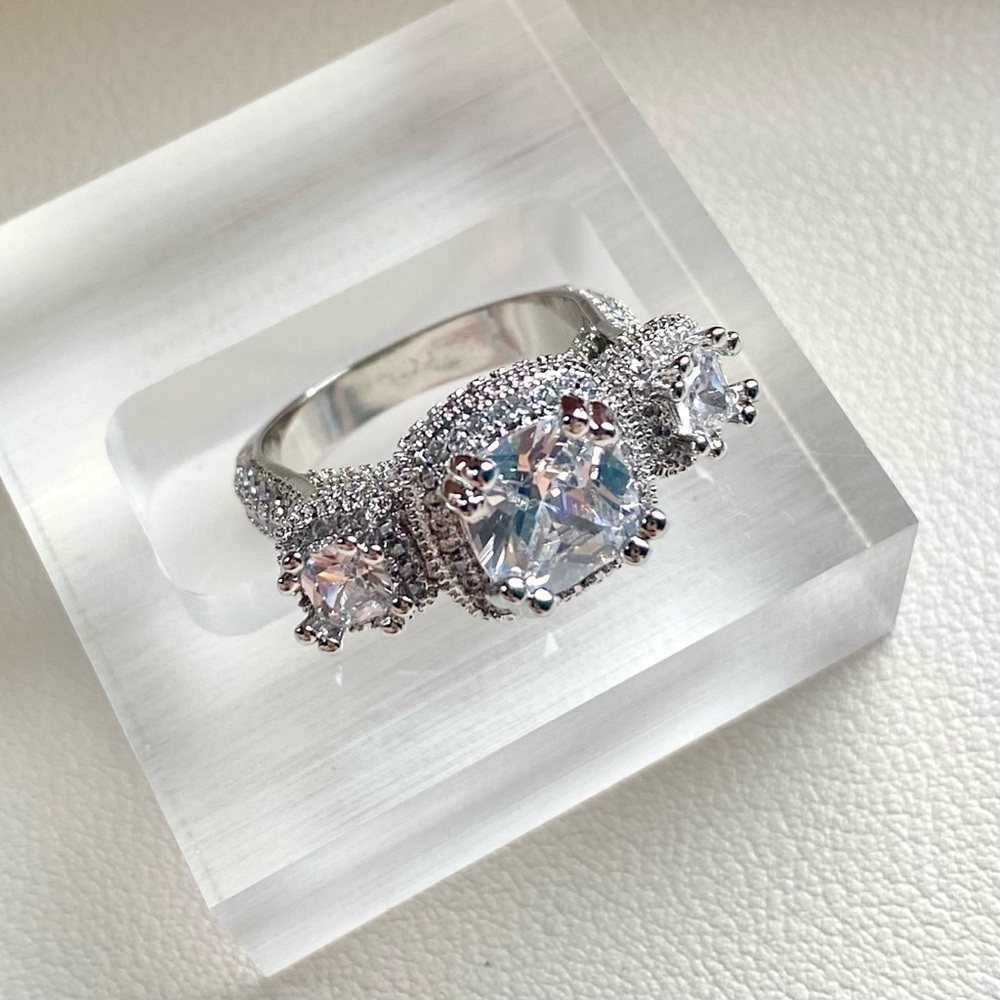 Three-Stone Silver CZ Engagement Ring - White